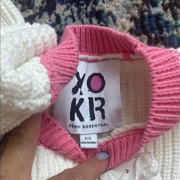 Kerri Rosenthal Pink and White Crew Neck Sweater with Playful Motifs - Picture 2 of 6